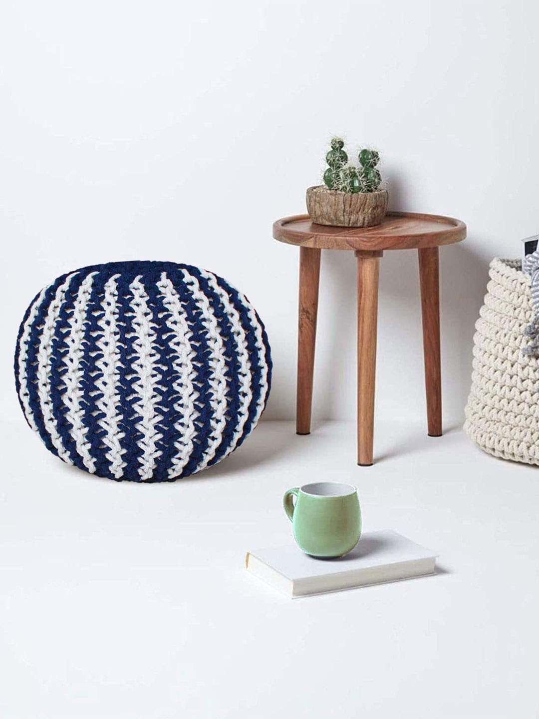 

LUXEHOME INTERNATIONAL Navy Blue & White Cotton Hand Knitted Round Pouffe Ottoman