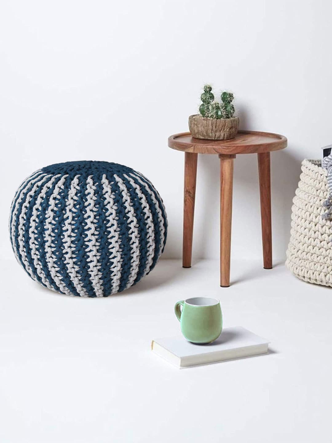 

LUXEHOME INTERNATIONAL Teal Blue & White Cotton Knitted Round Pouffe Ottoman