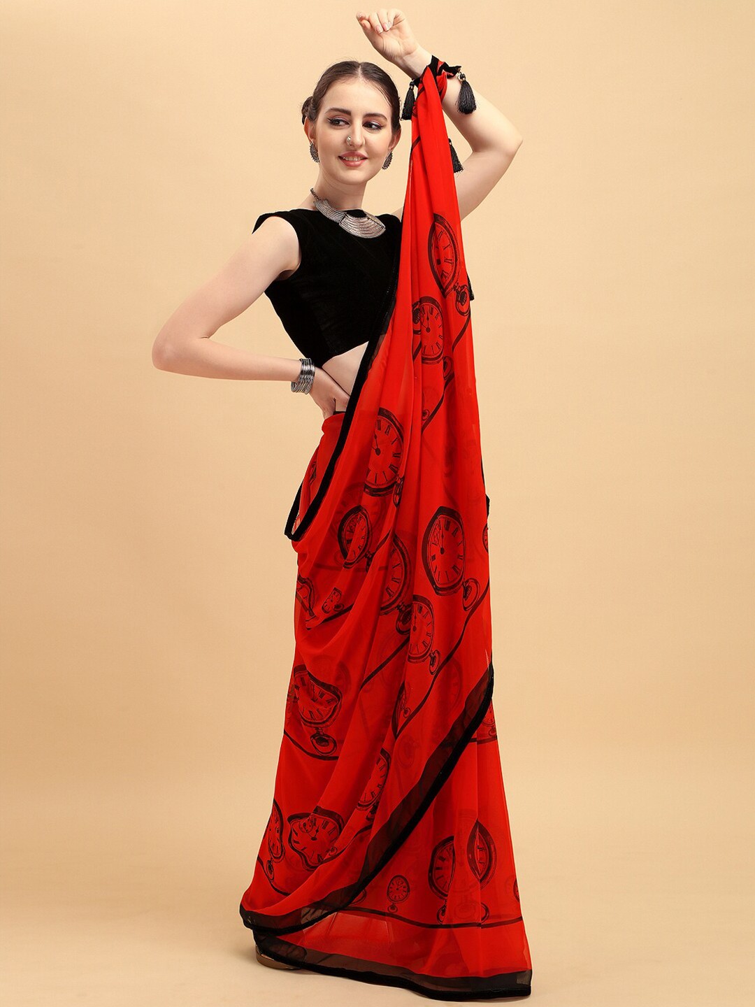 

Sangria Women Red Pure Georgette Embellished Sarees
