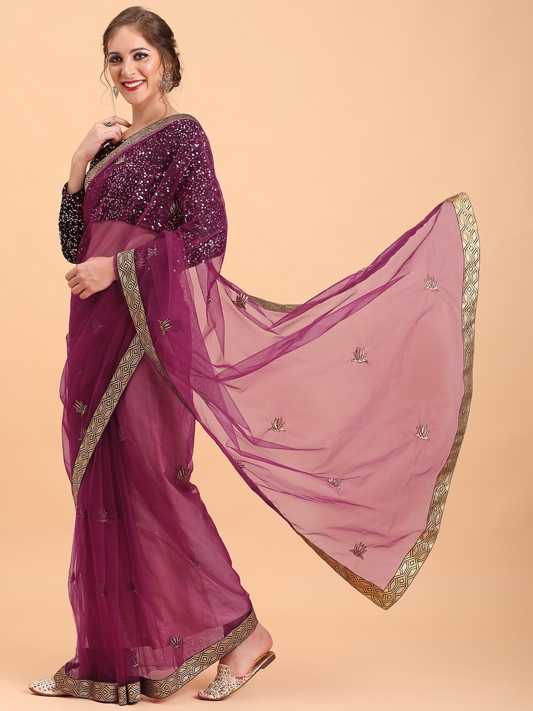 

Sangria Women Burgundy Supernet Embroidered Embellished Party Saree