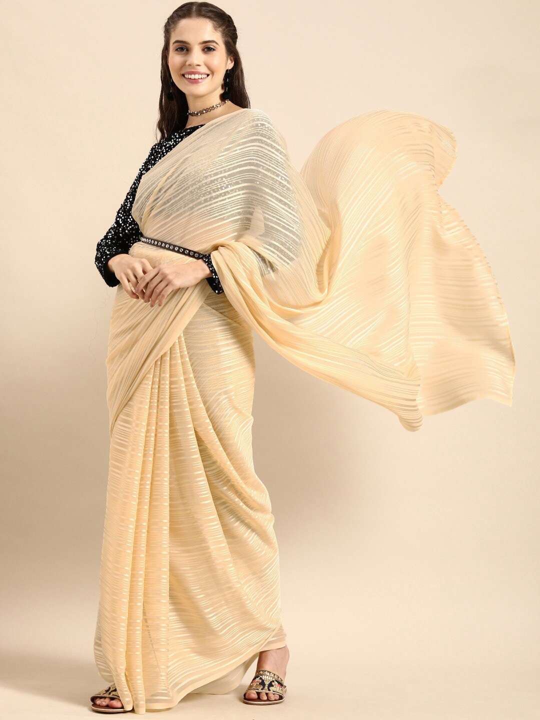 

Sangria Gold-Toned & Black Striped Sequinned Silk Blend Saree