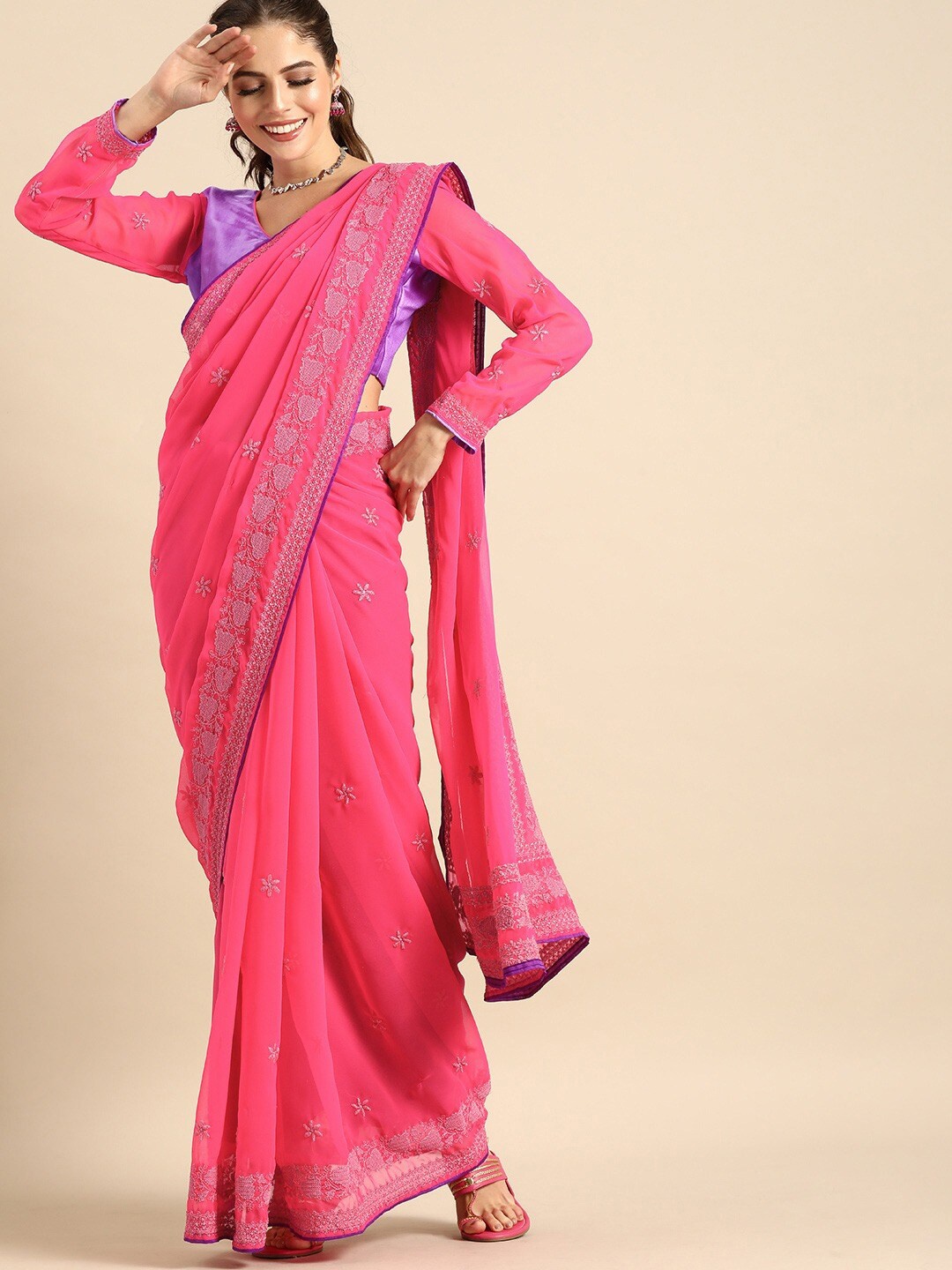 

Sangria Lavender & Pink Chikankari Pure Georgette Saree