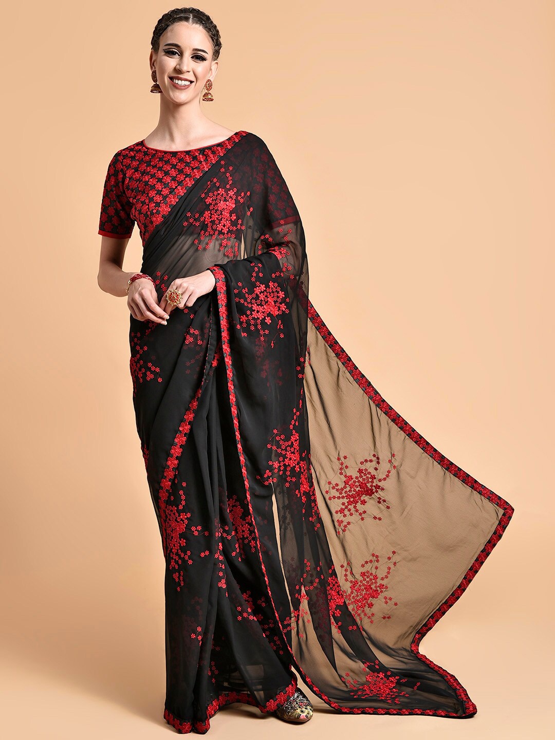 

Sangria Women Black Pure Georgette Floral Embroidered Designer Saree