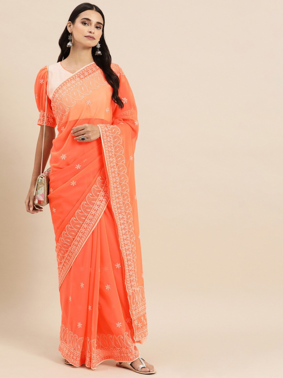 

Sangria Peach& Cream Paisley Chikankari Pure Georgette Saree