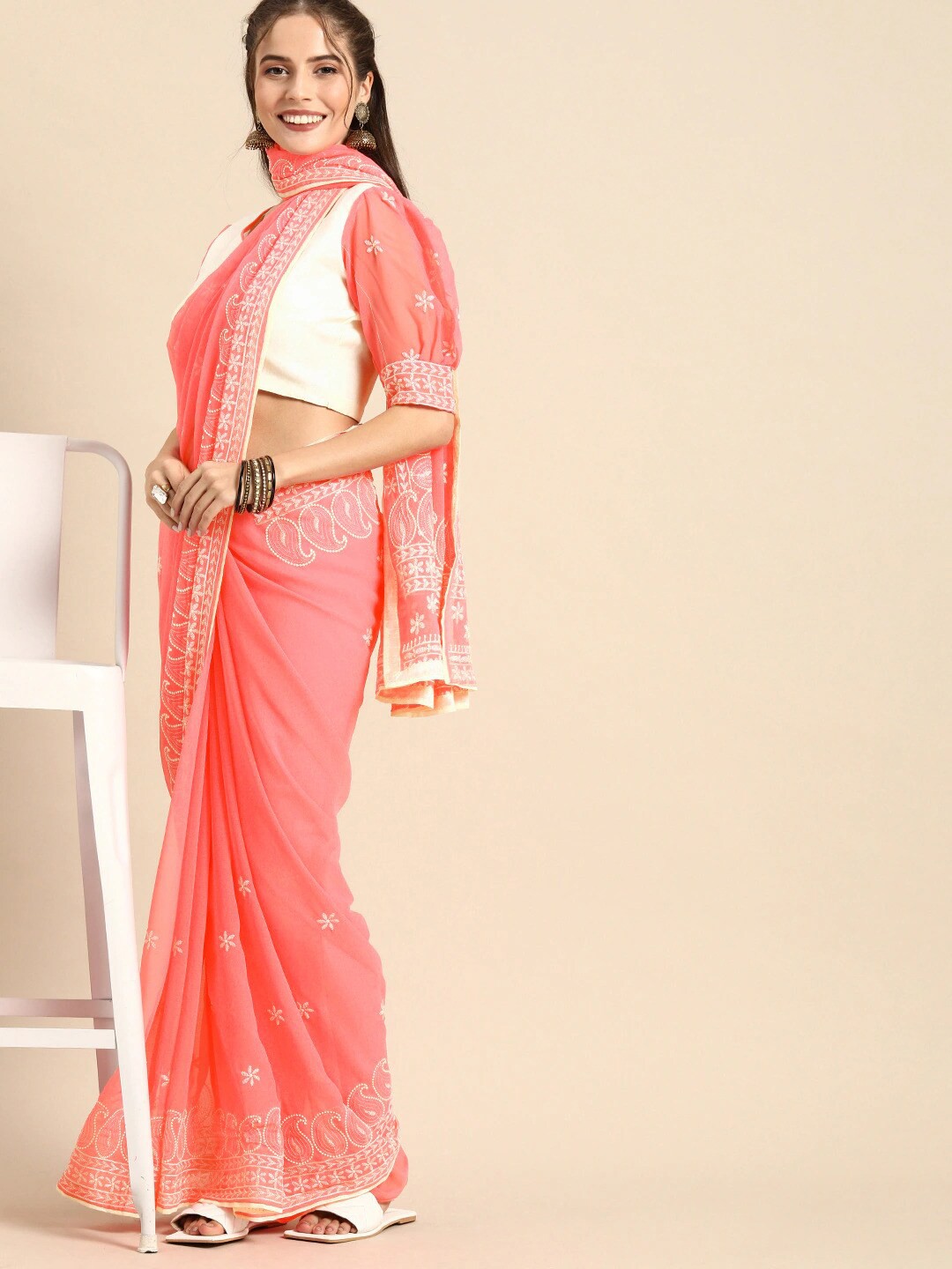 

Sangria Women Pink Pure Georgette Chikankari Lakhnavi Festive Designer Saree