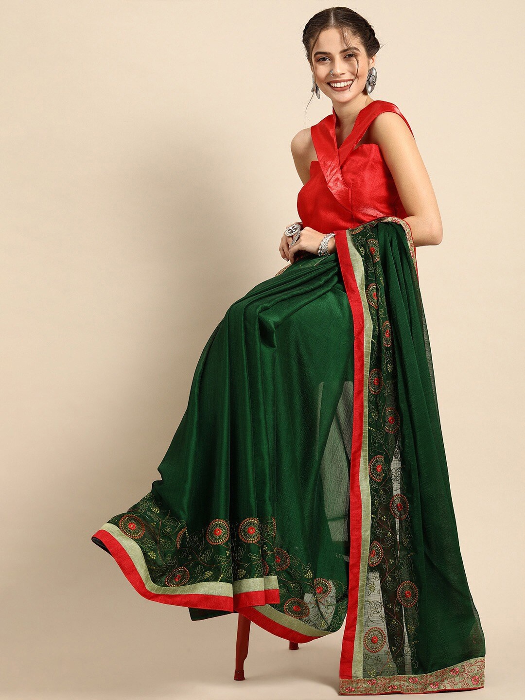 

Sangria Green & Red Embellished Embroidered Silk Blend Saree