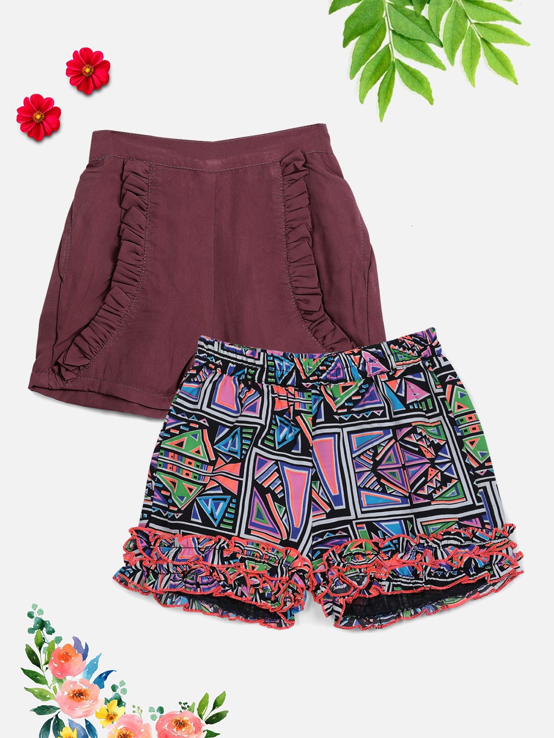 

Cutiekins Girls Burgundy Set of 2 Floral Printed Shorts