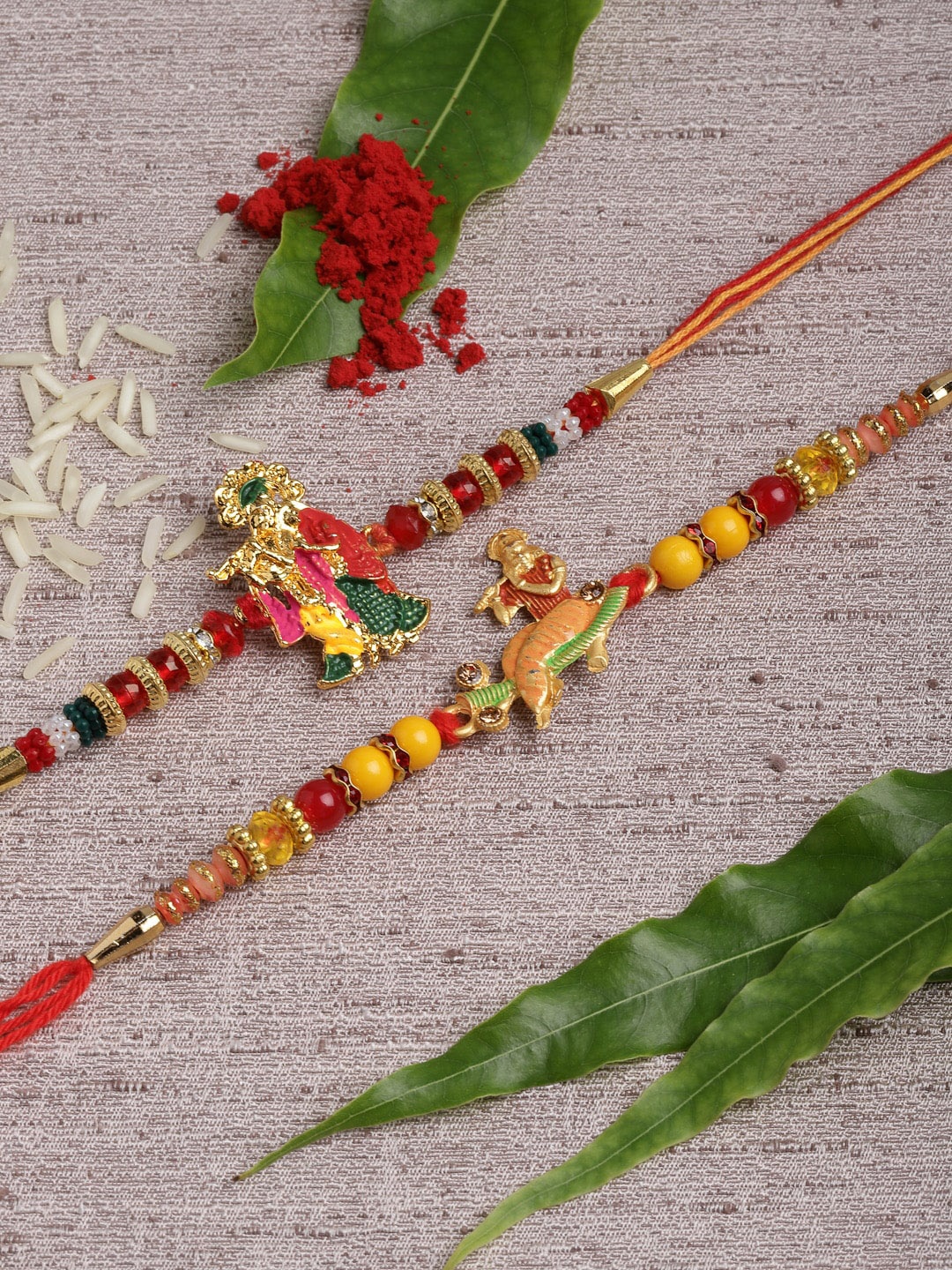 

PANASH Men Set Of 2 Gold-Toned Radha Krishna Handcrafted Rakhi With Roli Chawal