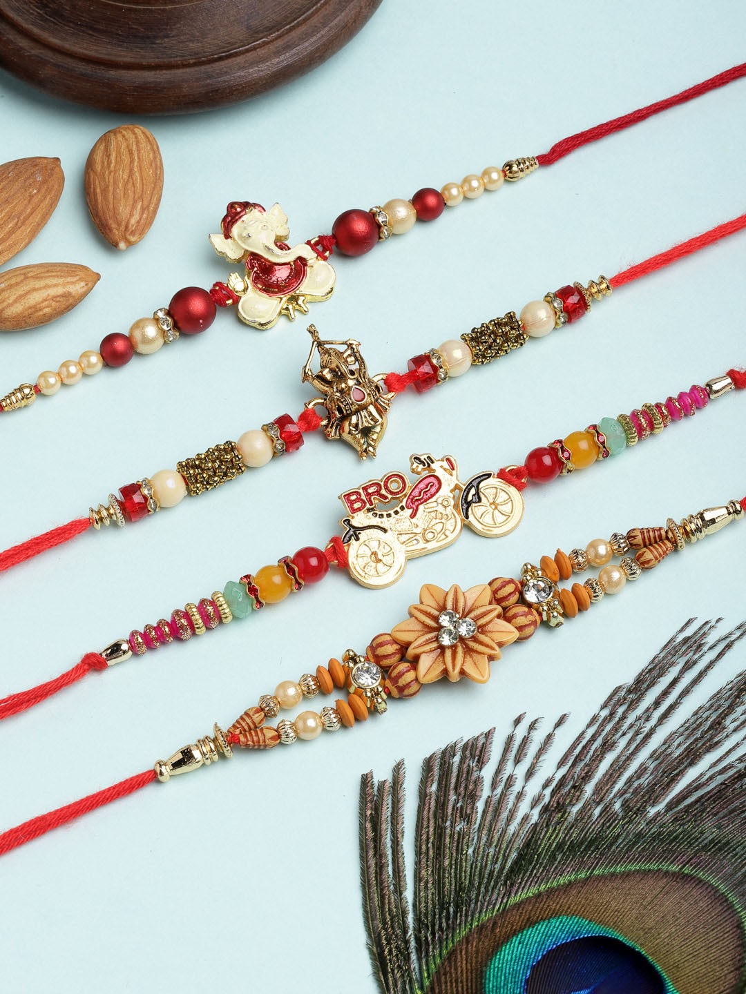 

PANASH Men Set of 4 Gold-Toned & Red Beaded Rakhi