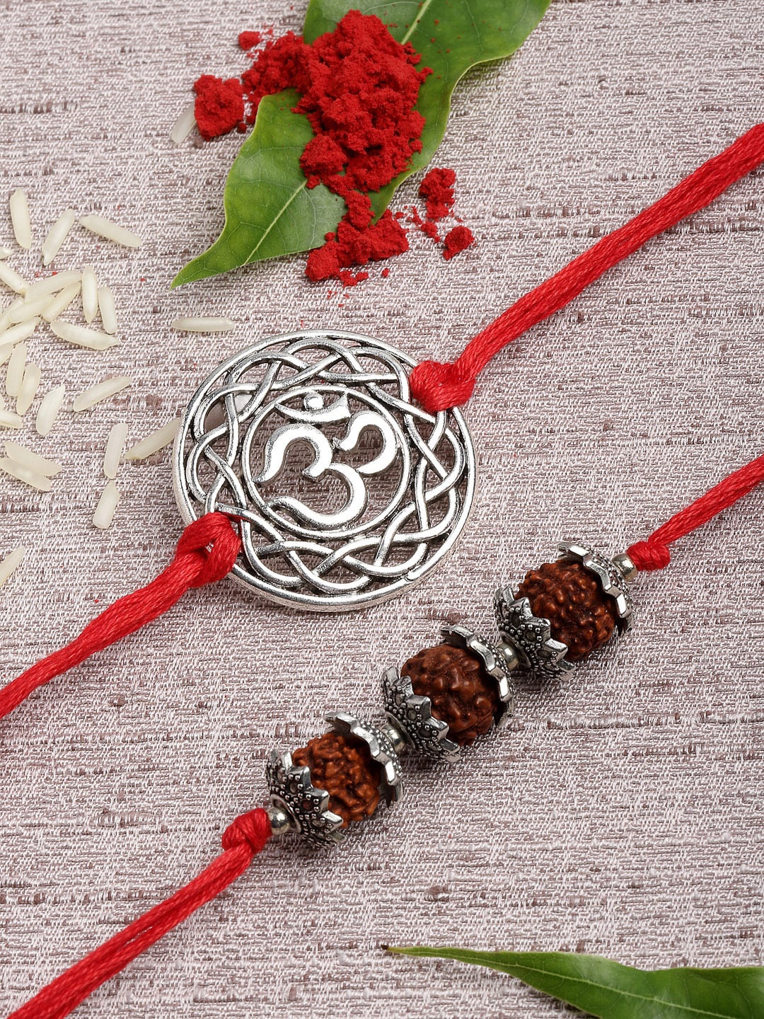 

PANASH Men Set of 2 Silver-Toned OM & Rudraksha Rakhi with Roli Chawal