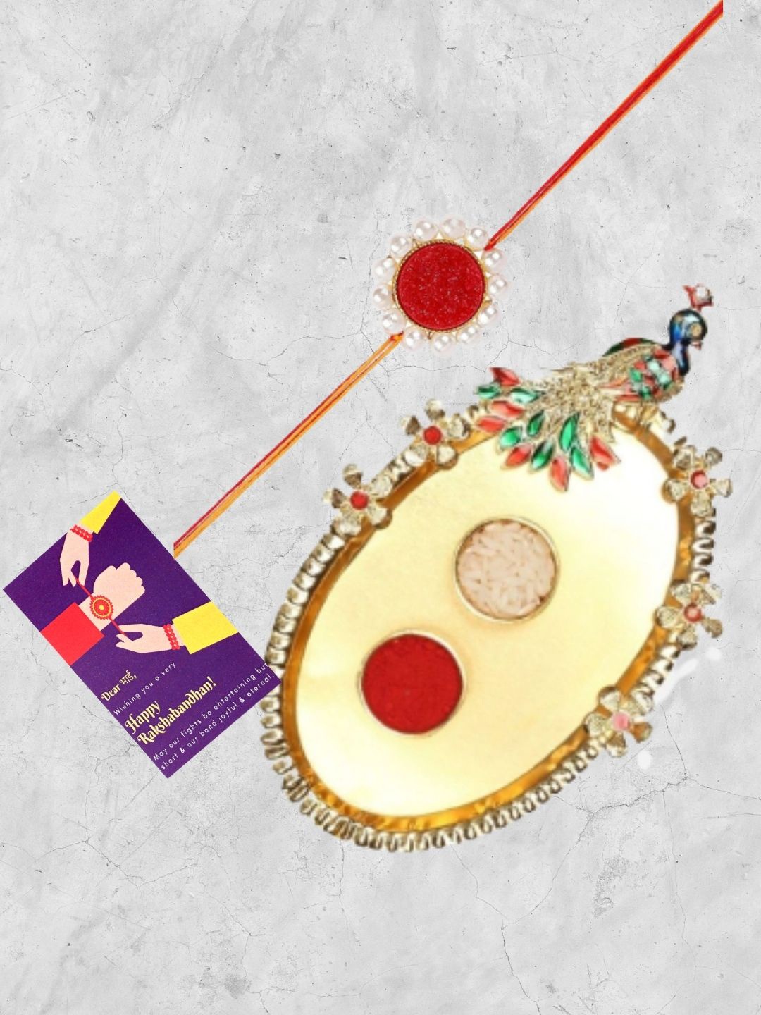 

Accessher Gift Set of 3 with Druzy Stone Rakhi, Peacock Thali & Greeting Card, Red
