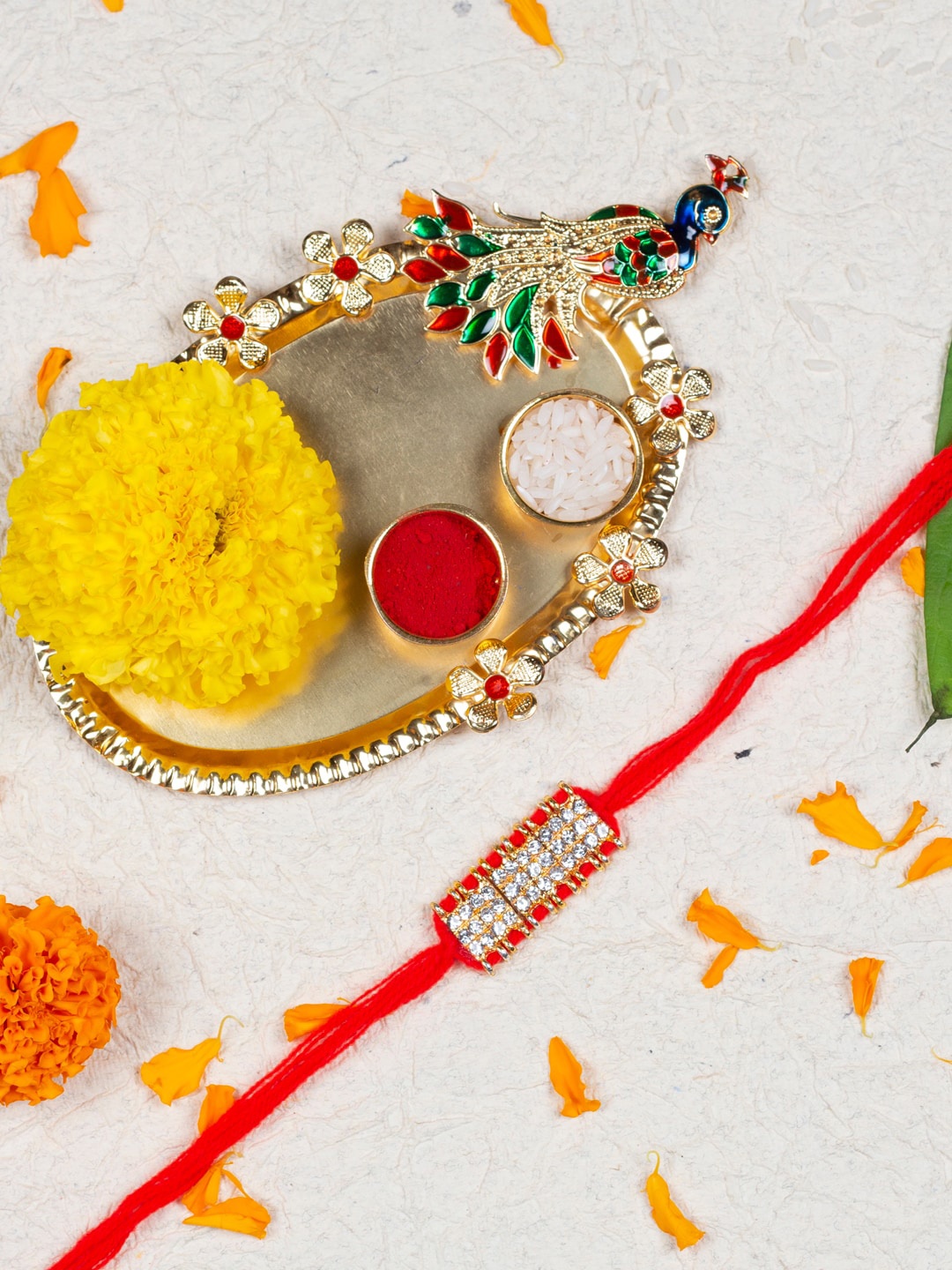 

Accessher Gift Set of 3 with Rhinestone Rakhi, Peacock Thali & Greeting Card, Red