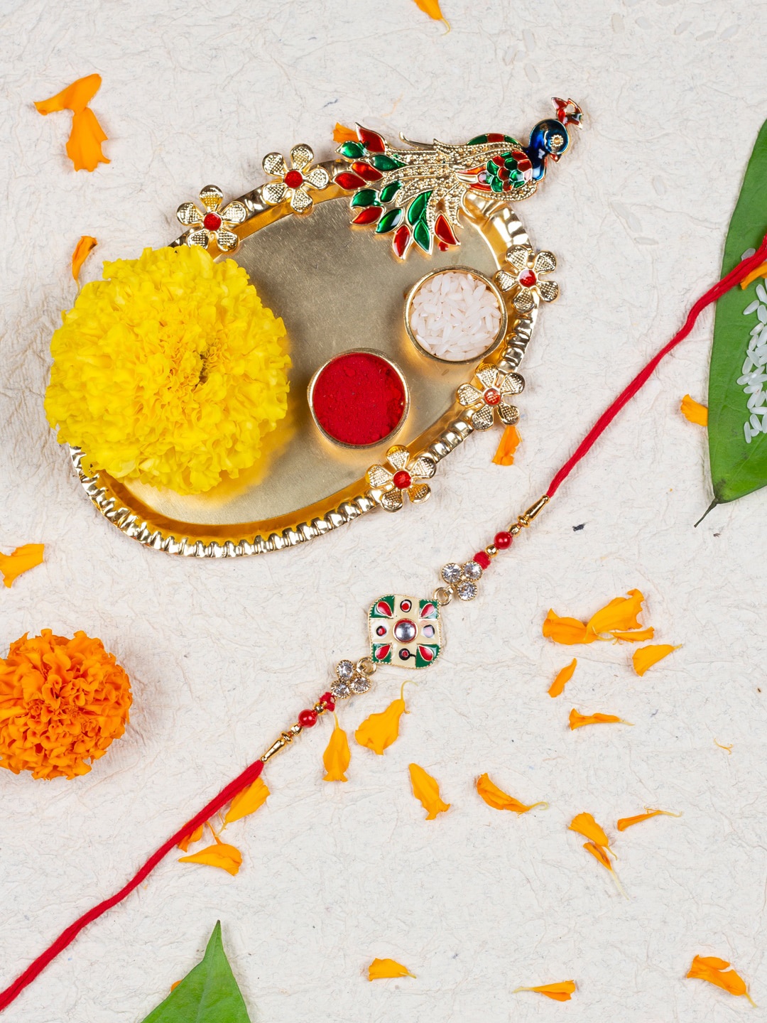 

AccessHer Set Of 3 Rakhi With Enamel, Peacock Thali & Greeting Card, Red