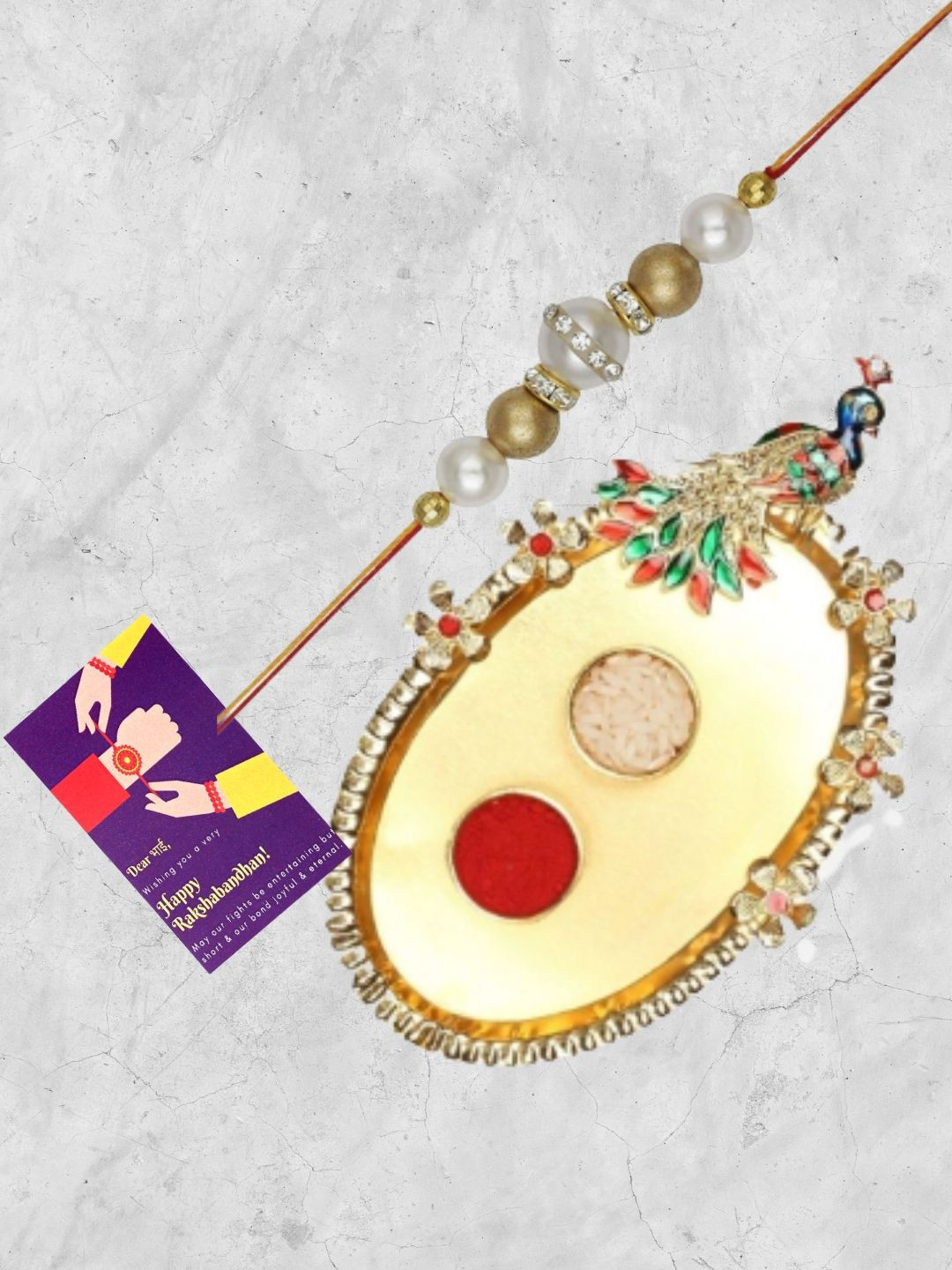 

AccessHer Set Of 3 Beads Rakhi With Peacock Thali & Greeting Card, Gold