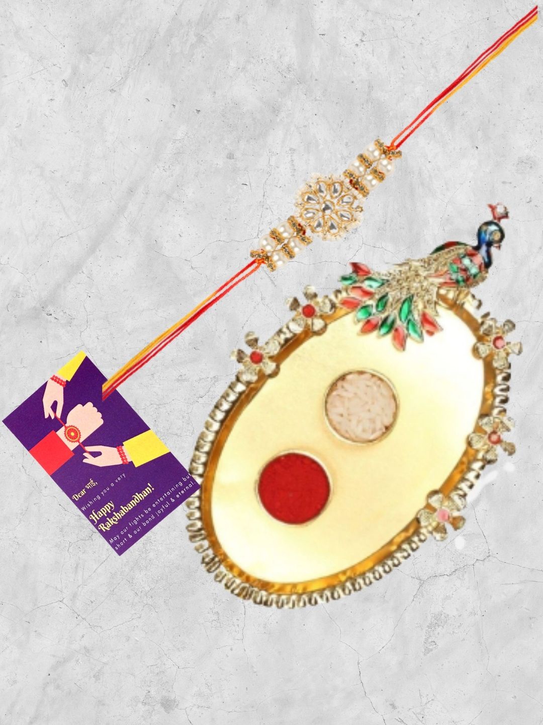 

Accessher Gift Set of 3 with Kundan Rakhi Peacock Thali & Greeting Card, White
