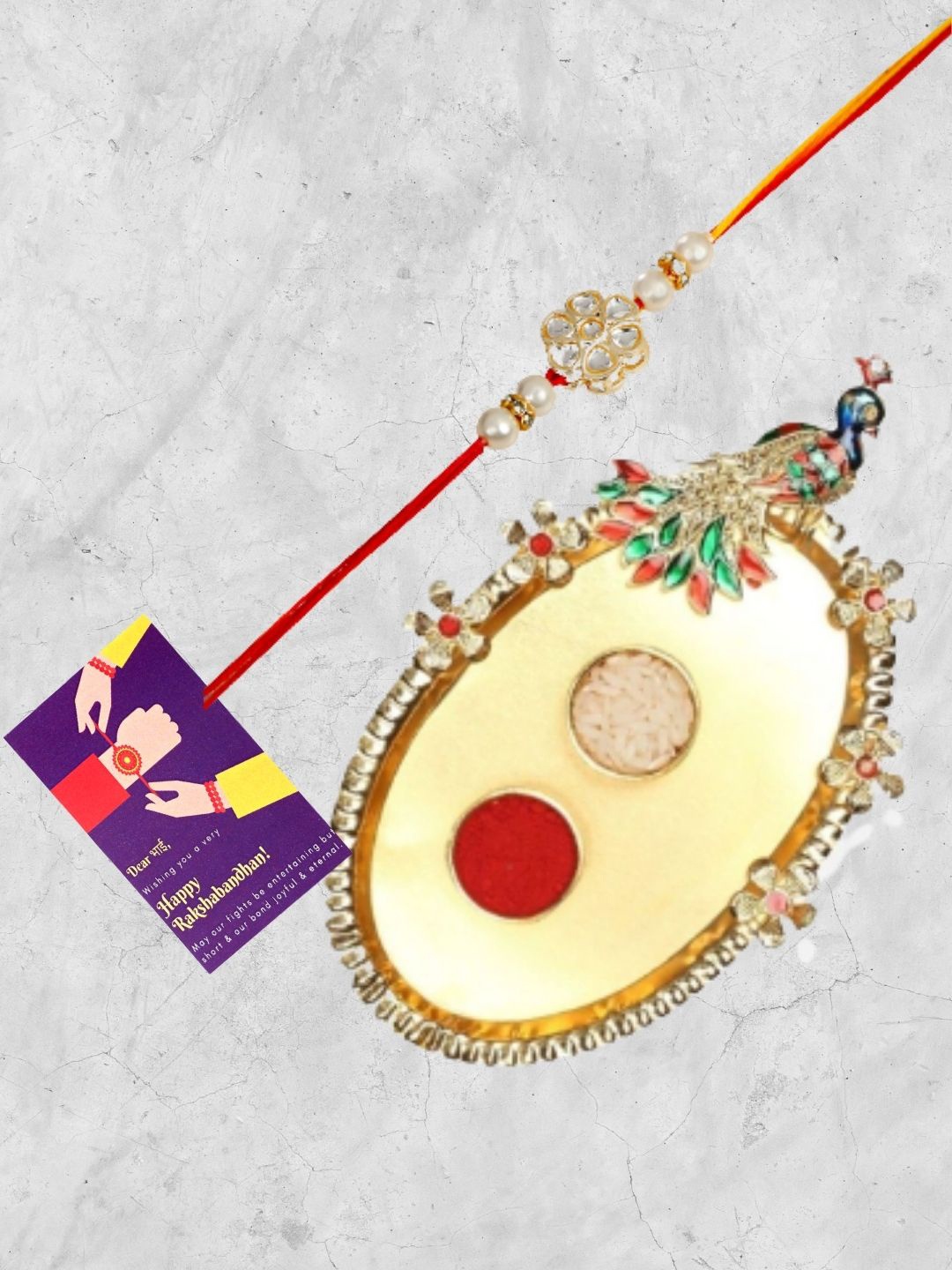 

Accessher Stone-Studded Rakhi With Pooja Thali & Greeting Card, White
