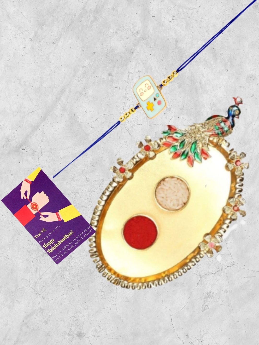 

AccessHer Set Of 3 Video Game Rakhi With Peacock Thali & Greeting Card, Blue