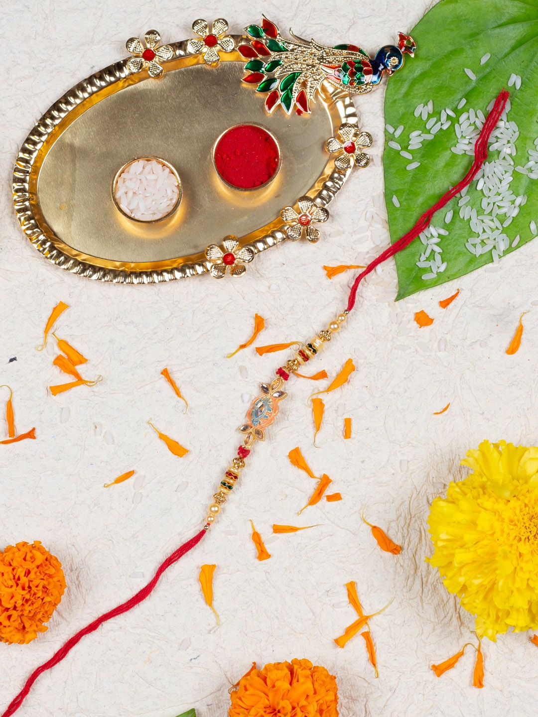 

Accessher Gift Set of 3 with Enamel Rakhi, Peacock Thali & Greeting Card, Multi