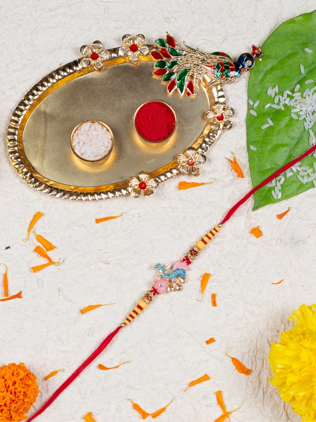 

AccessHer Set Of 3 Kundan Beads Rakhi With Peacock Thali & Greeting Card, Red