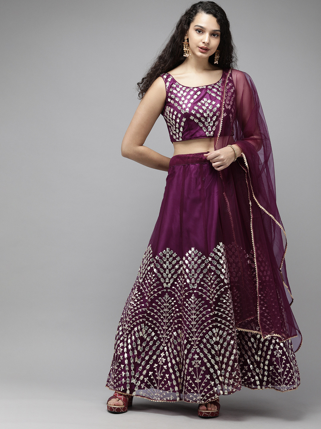 

DIVASTRI Purple Embellished Semi-Stitched Lehenga & Unstitched Blouse With Dupatta