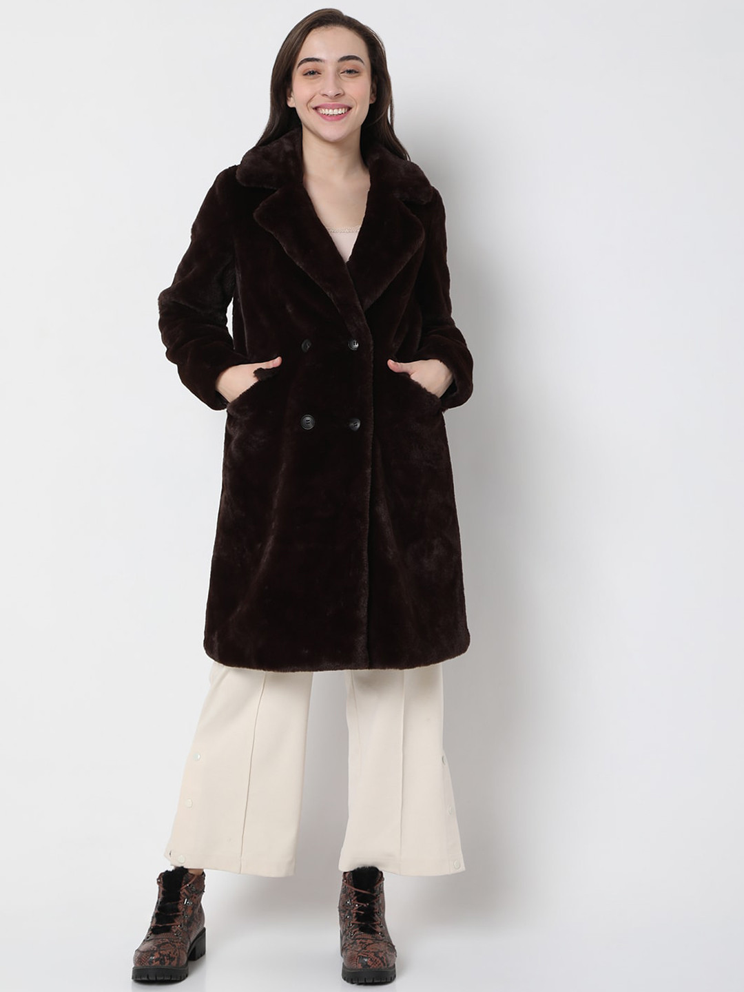 

Vero Moda Women Brown Solid Double Breasted Overcoat