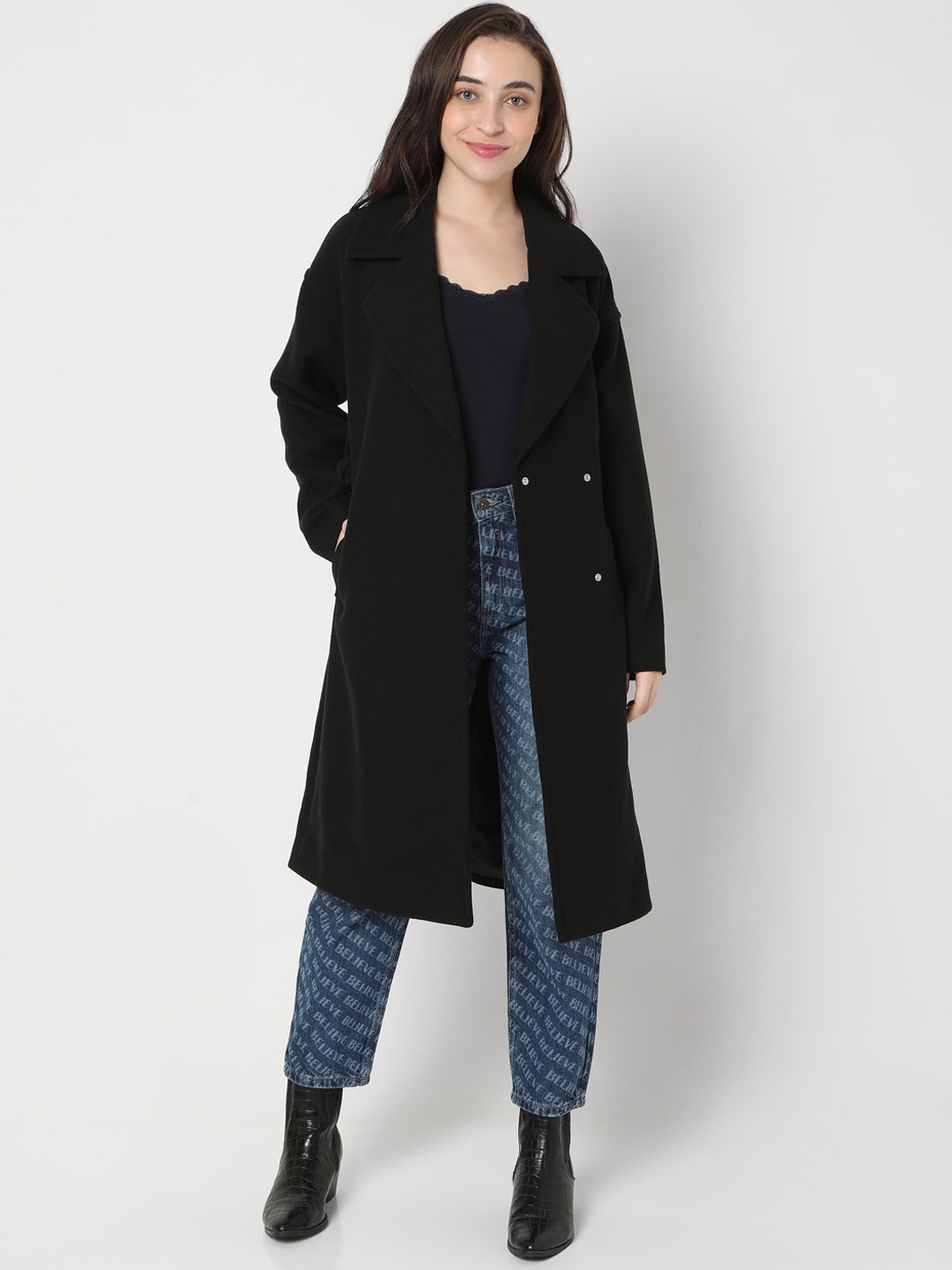 

Vero Moda Women Black Solid Overcoat