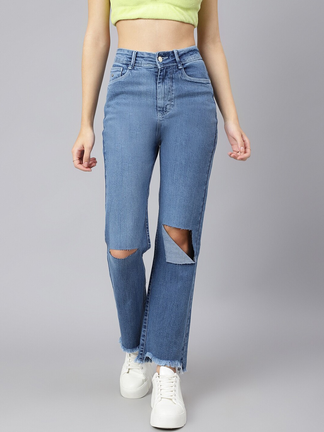 

Code 61 Women Blue Wide Leg High-Rise Slash Knee Light Fade Stretchable Jeans