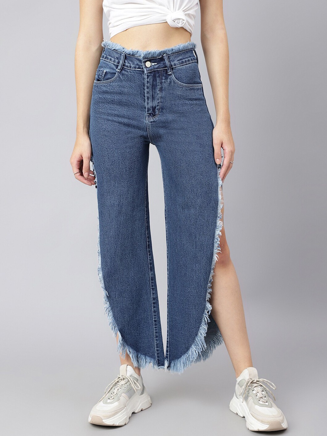 

Code 61 Women Blue Wide Leg High-Rise Ripped Jeans