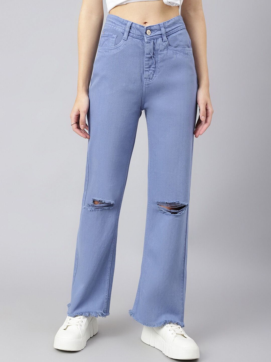 

Code 61 Women Violet Wide Leg High-Rise Slash Knee Cotton Jeans