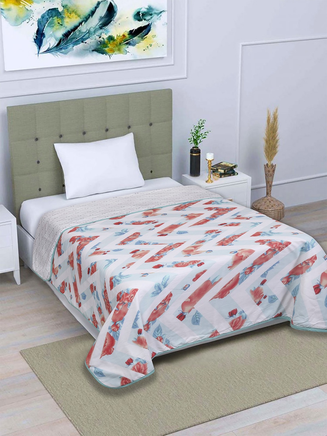 

ROMEE Beige & Red Geometric AC Room 300 GSM Reversible Single Bed Dohar