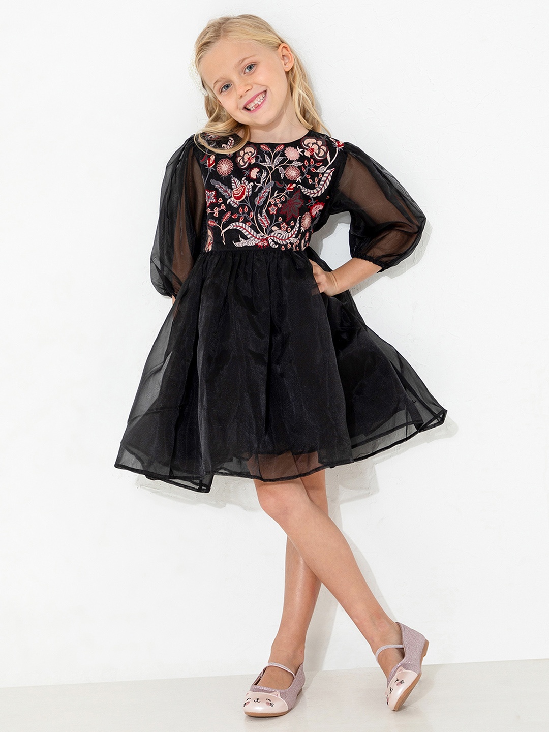 

Cherry Crumble Girls Black Embroidered Mistletoe Dress