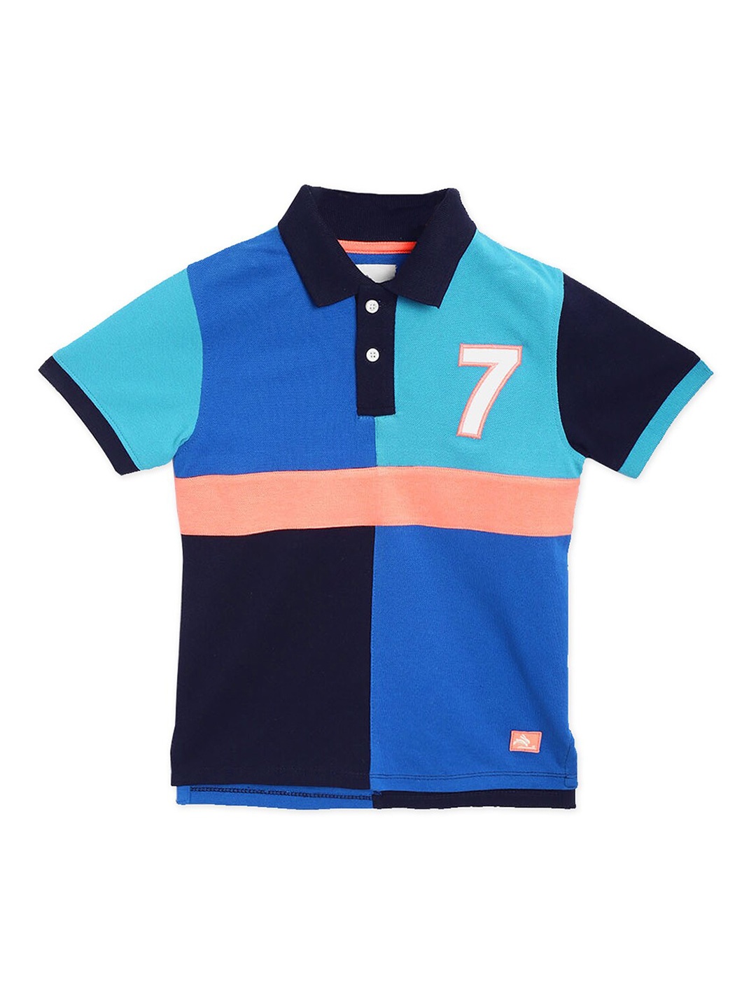 

Cherry Crumble Boys Blue & Coral Colourblocked Polo Collar T-shirt