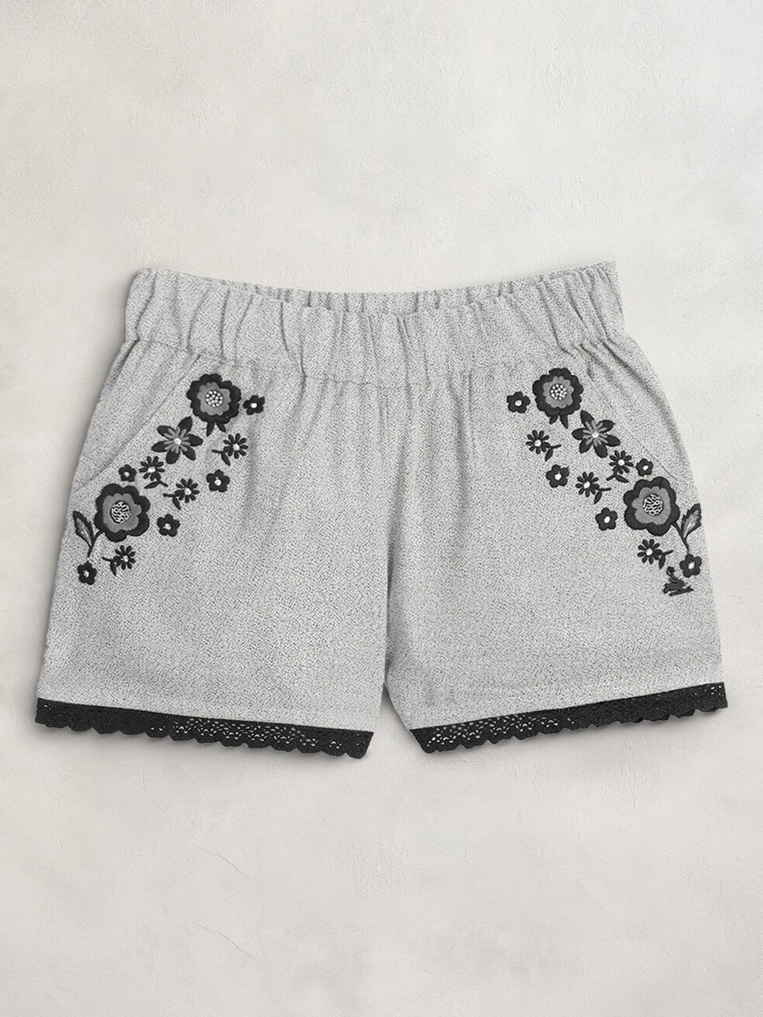 

Cherry Crumble Girls Grey Cotton Floral Embroidered Shorts