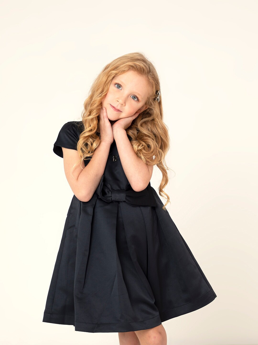

Cherry Crumble Girls Navy Blue Polyester Short Sleeves Solid Regal Princess Dress