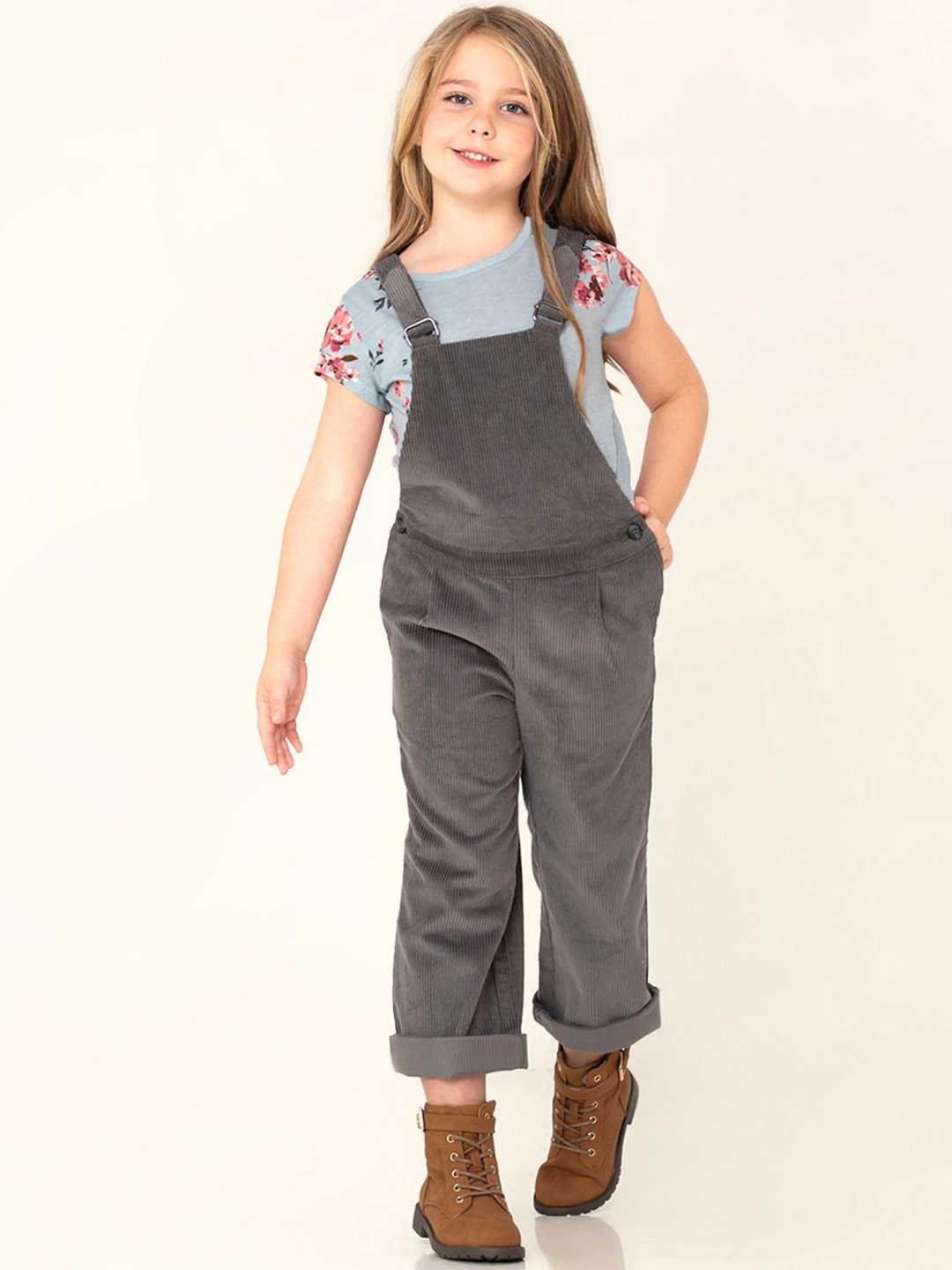 

Cherry Crumble Girls Grey Corduroy Sleeveless Solid Dungarees