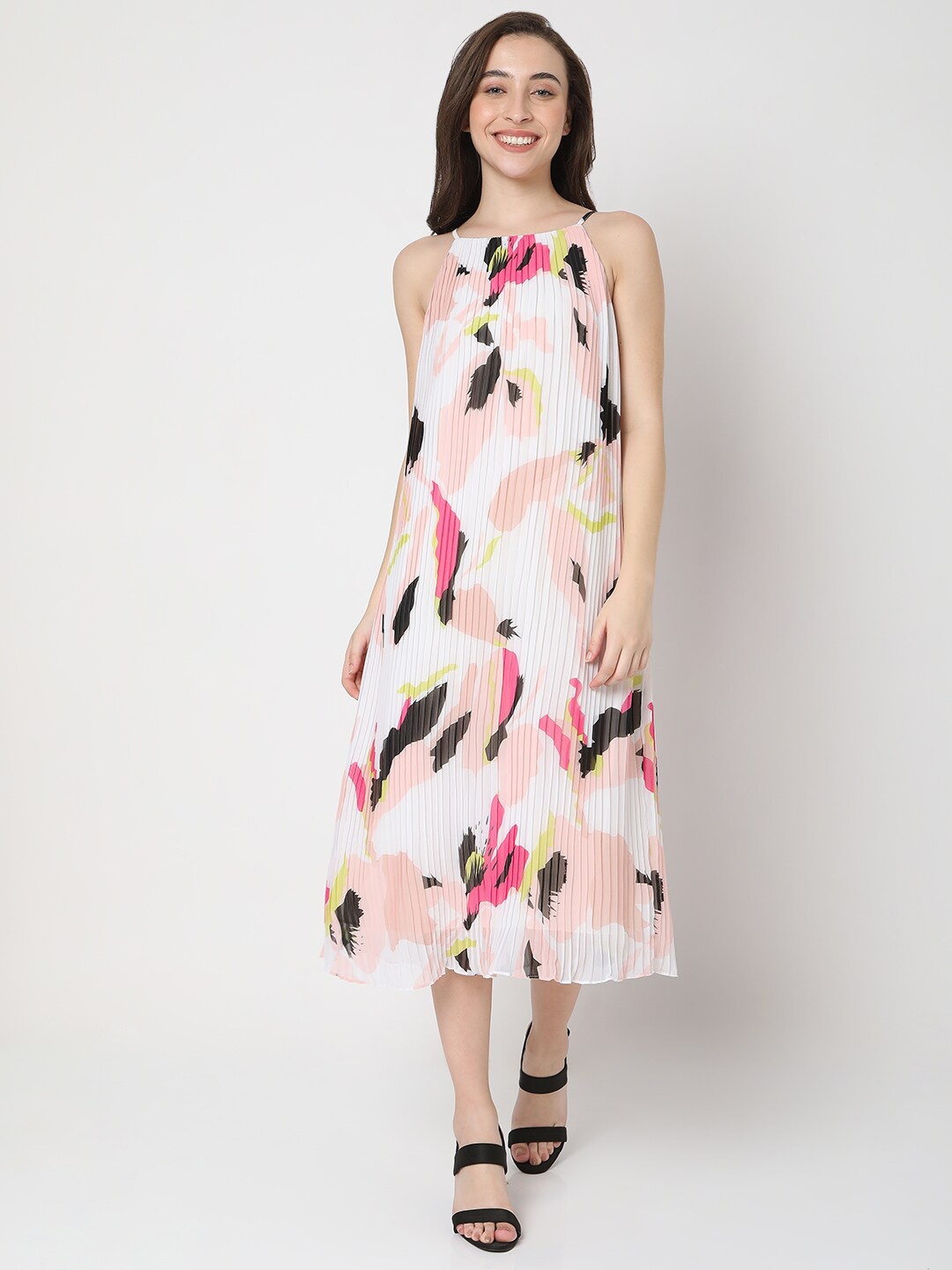 

Vero Moda White & bright gray Floral A-Line Midi Dress