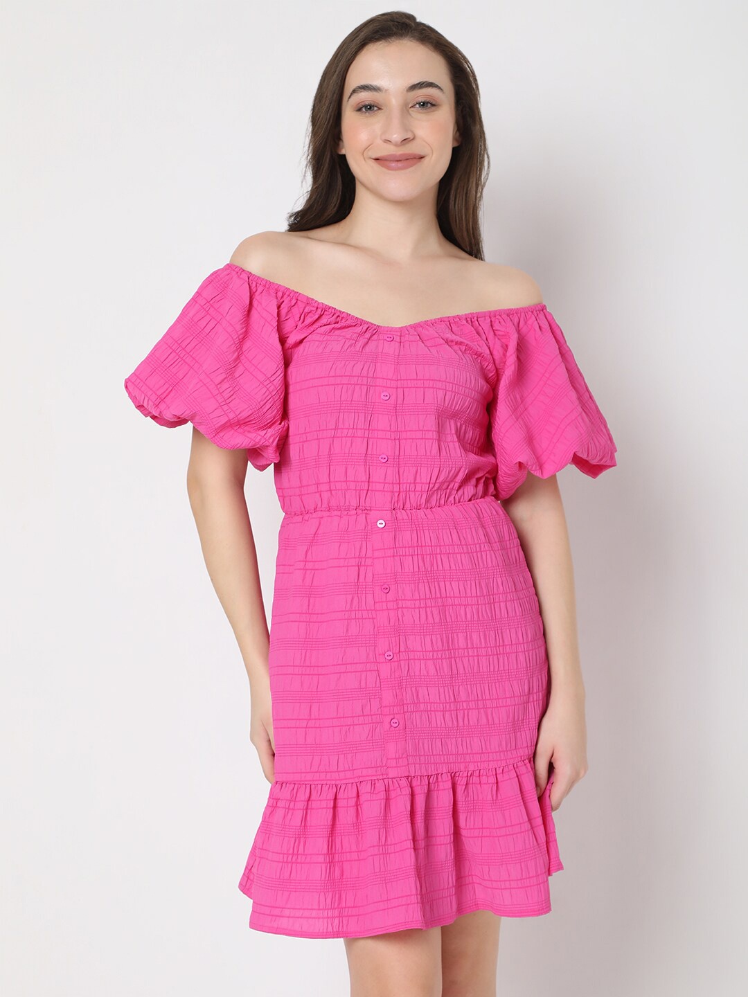 

Vero Moda Pink Striped Off-Shoulder Sheath Mini Dress
