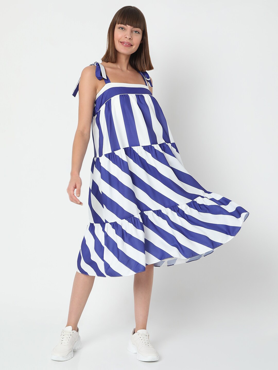

Vero Moda White & blue Striped A-Line Midi Dress
