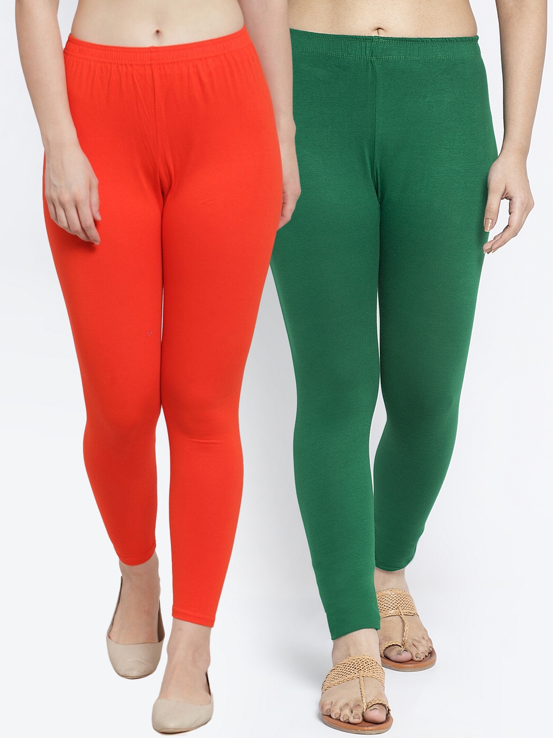 

Jinfo Women Pack Of 2 Orange & Green Solid Ankle Length Leggings