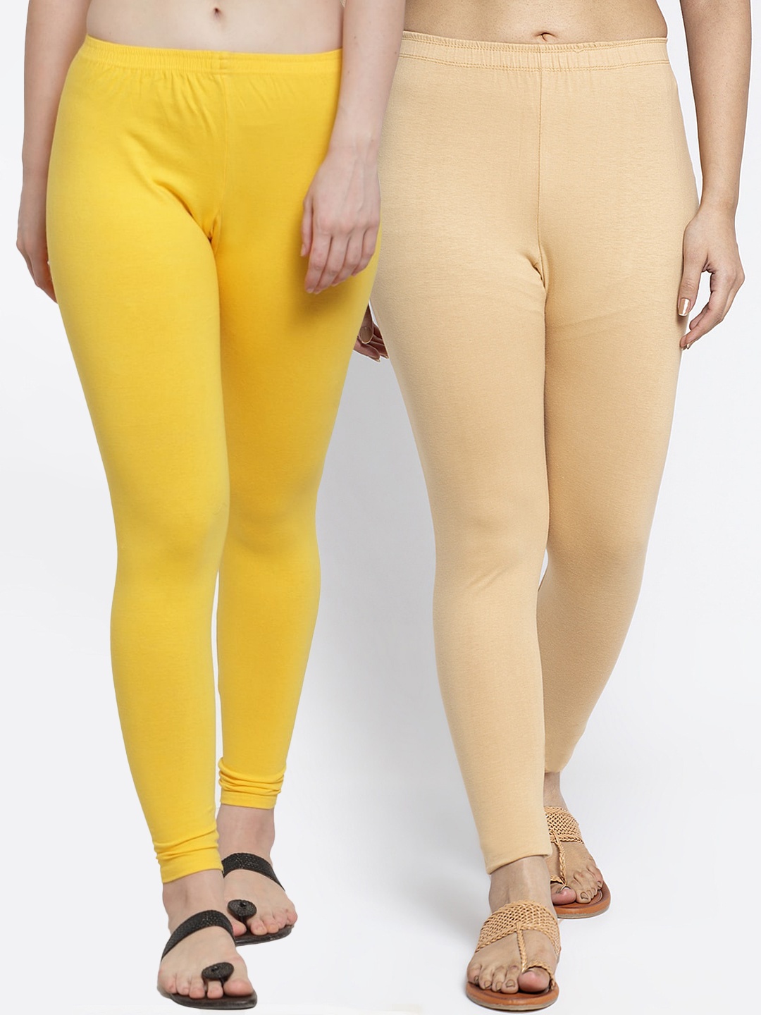 Jinfo Women Pack Of 2 Yellow & Beige Colored Solid Ankle Length Leggings