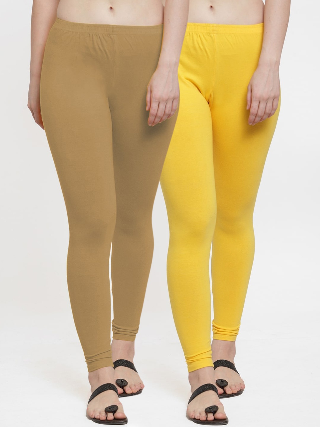 

Jinfo Women Pack Of 2 Olive and Yellow Solid Ankle-Length Leggings