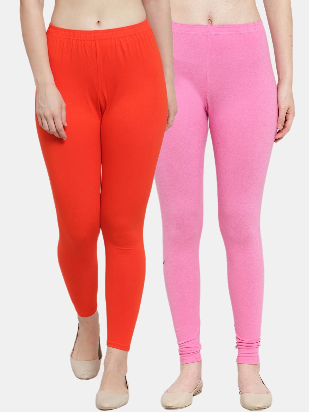 

Jinfo Women Pack Of 2 Orange & Pink Solid Cotton Ankle Length Leggings