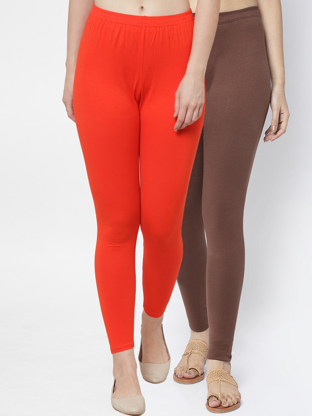 

Jinfo Women Pack Of 2 Solid Ankle Length Leggings, Orange