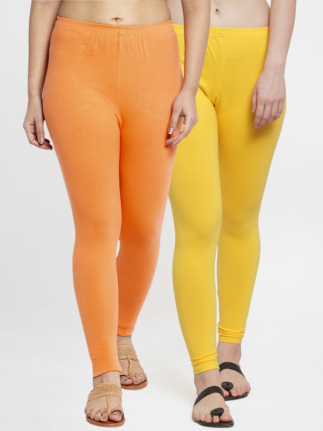 

Jinfo Women Pack Of 2 Solid Cotton Lycra Ankle-Length Leggings, Yellow