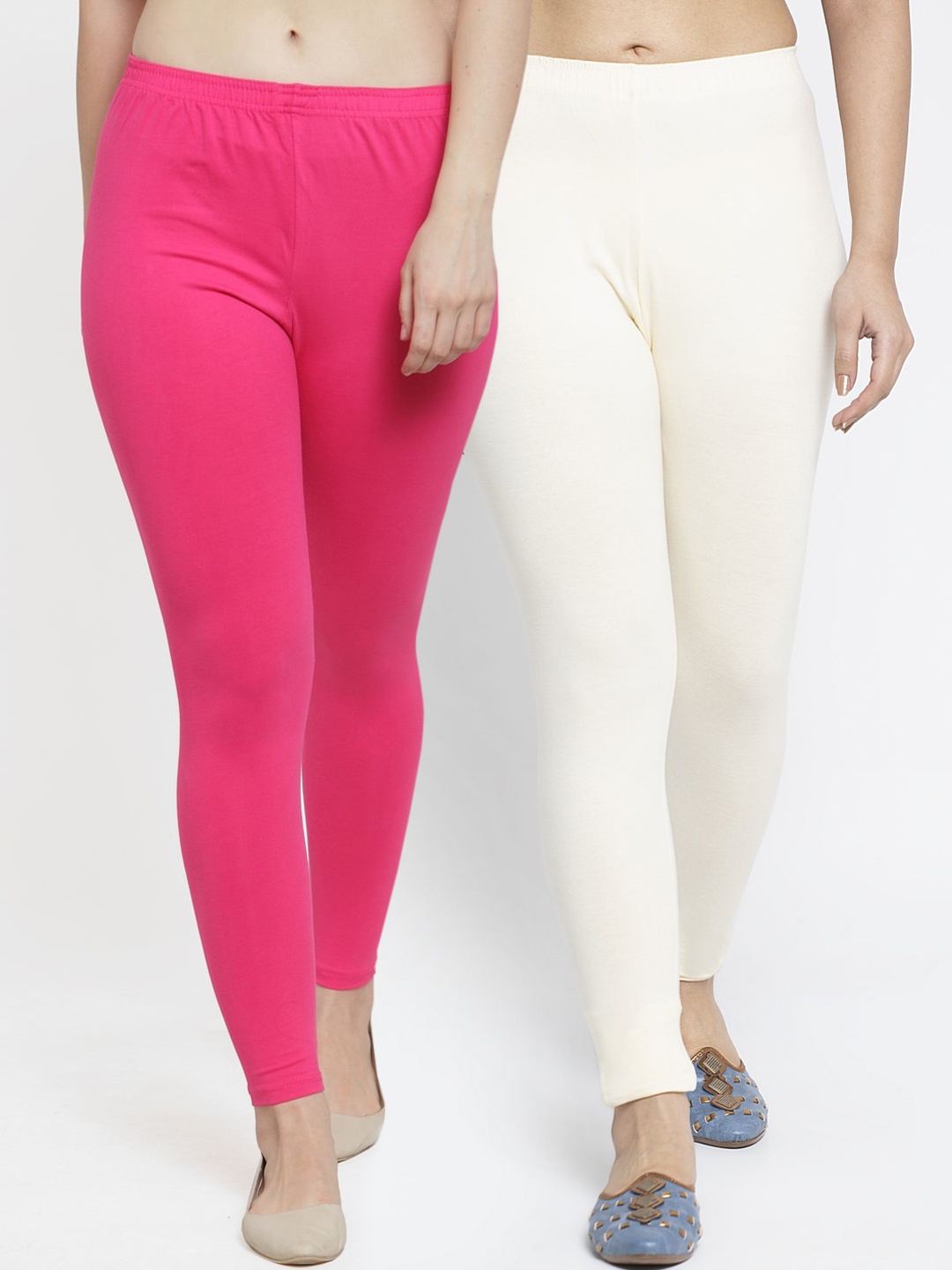 

Jinfo Women Pack of 2 Pink, Off White Solid Ankle Length Leggings