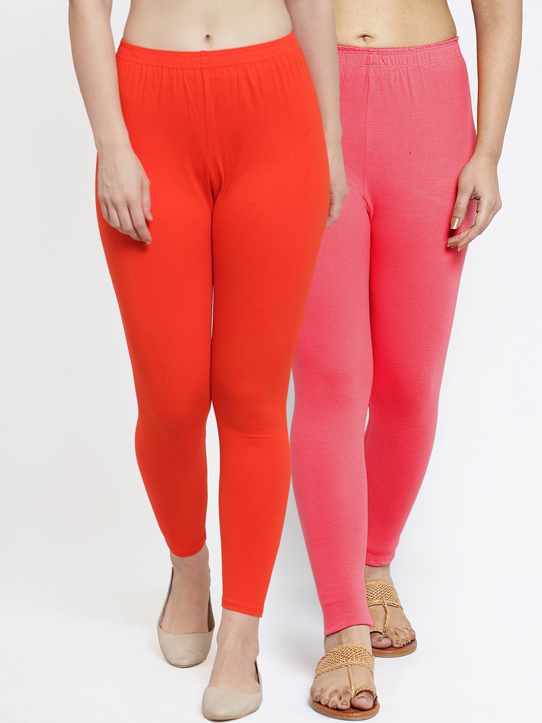 

Jinfo Women Pack Of 2 Solid Ankle Length Cotton Lycra Leggings, Orange