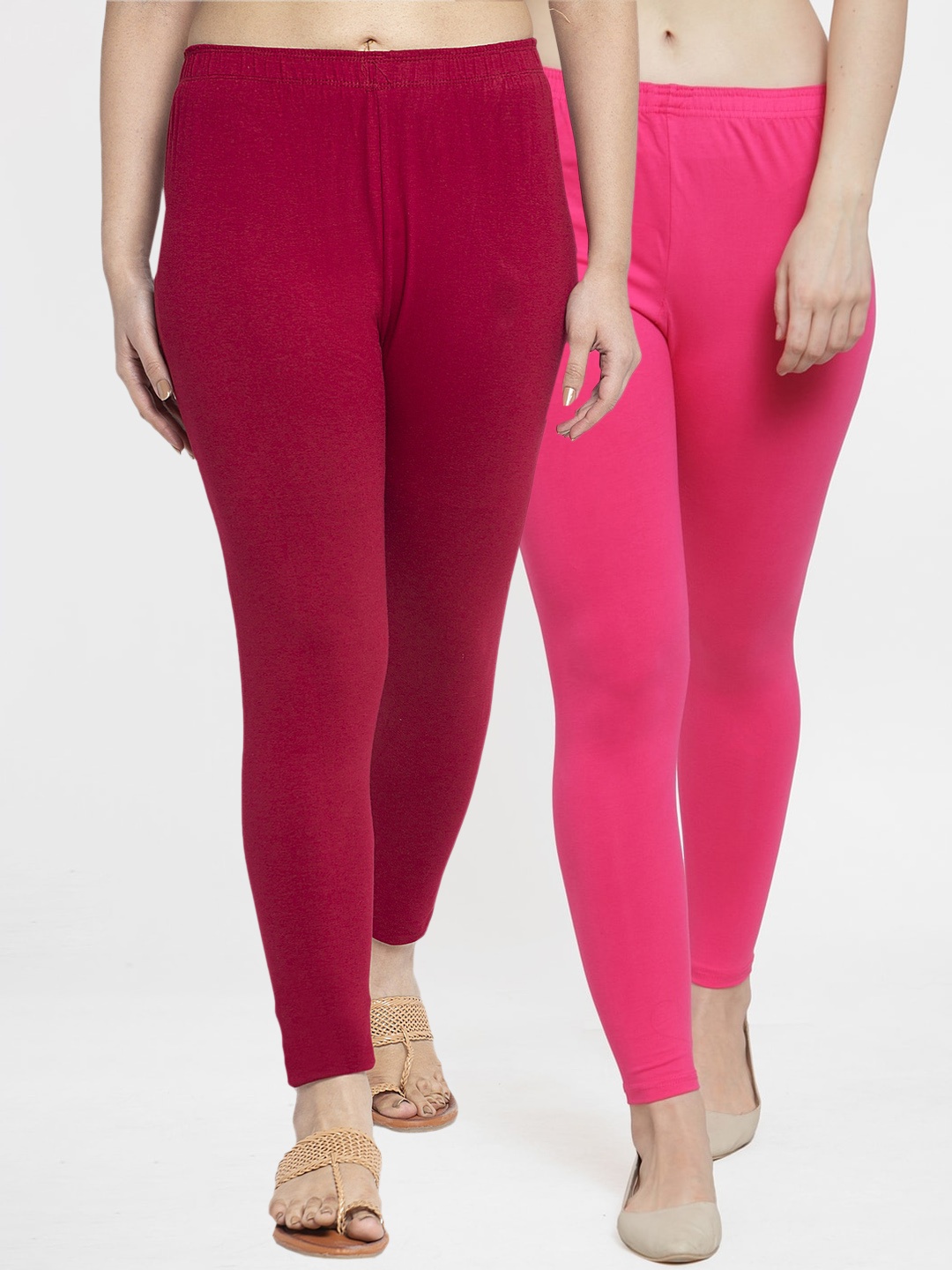 

Jinfo Women Pack Of 2 Solid Ankle Length Leggings, Pink