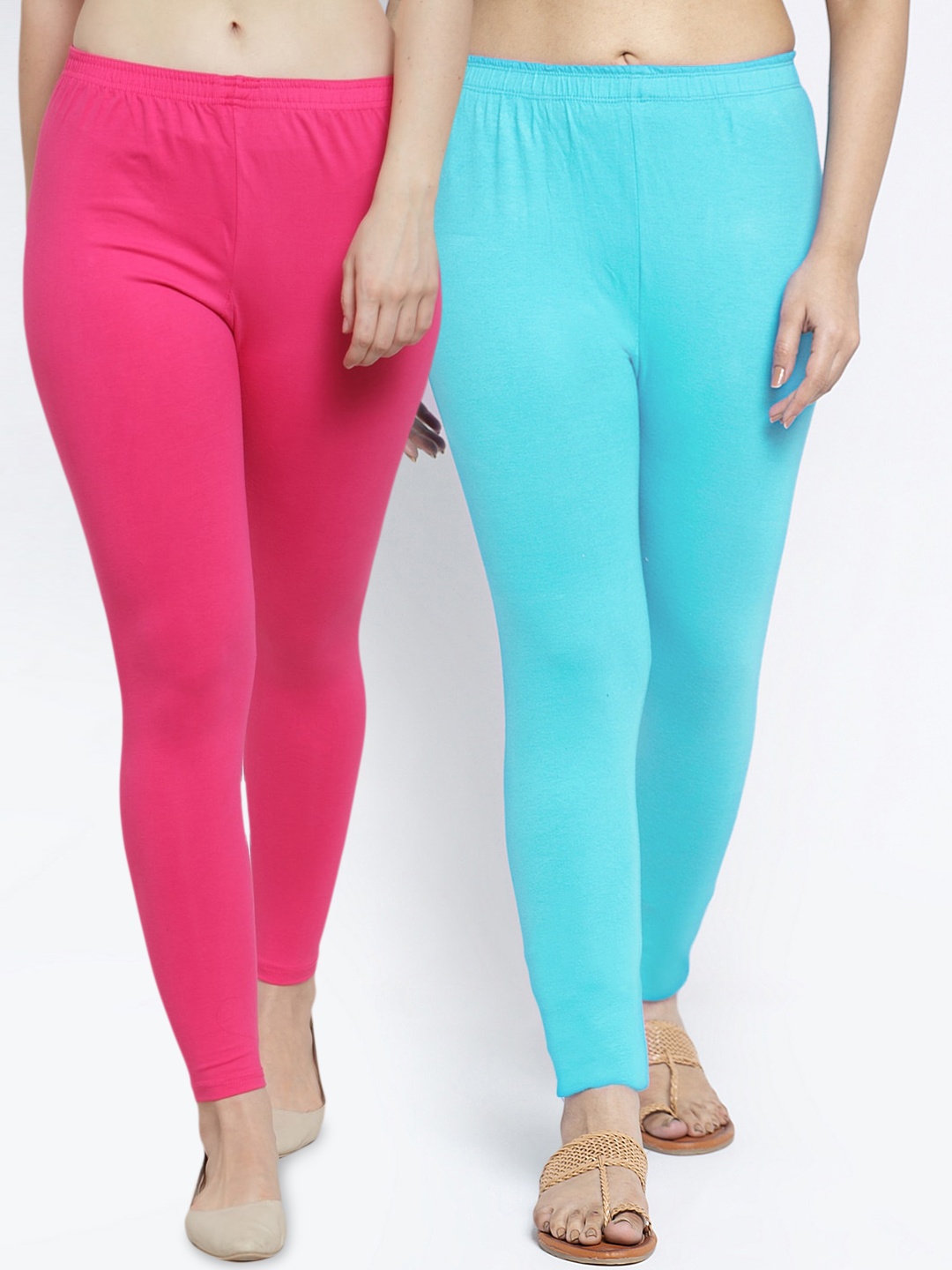 

Jinfo Women Pack of 2 Pink & Blue Solid Ankle Length Leggings
