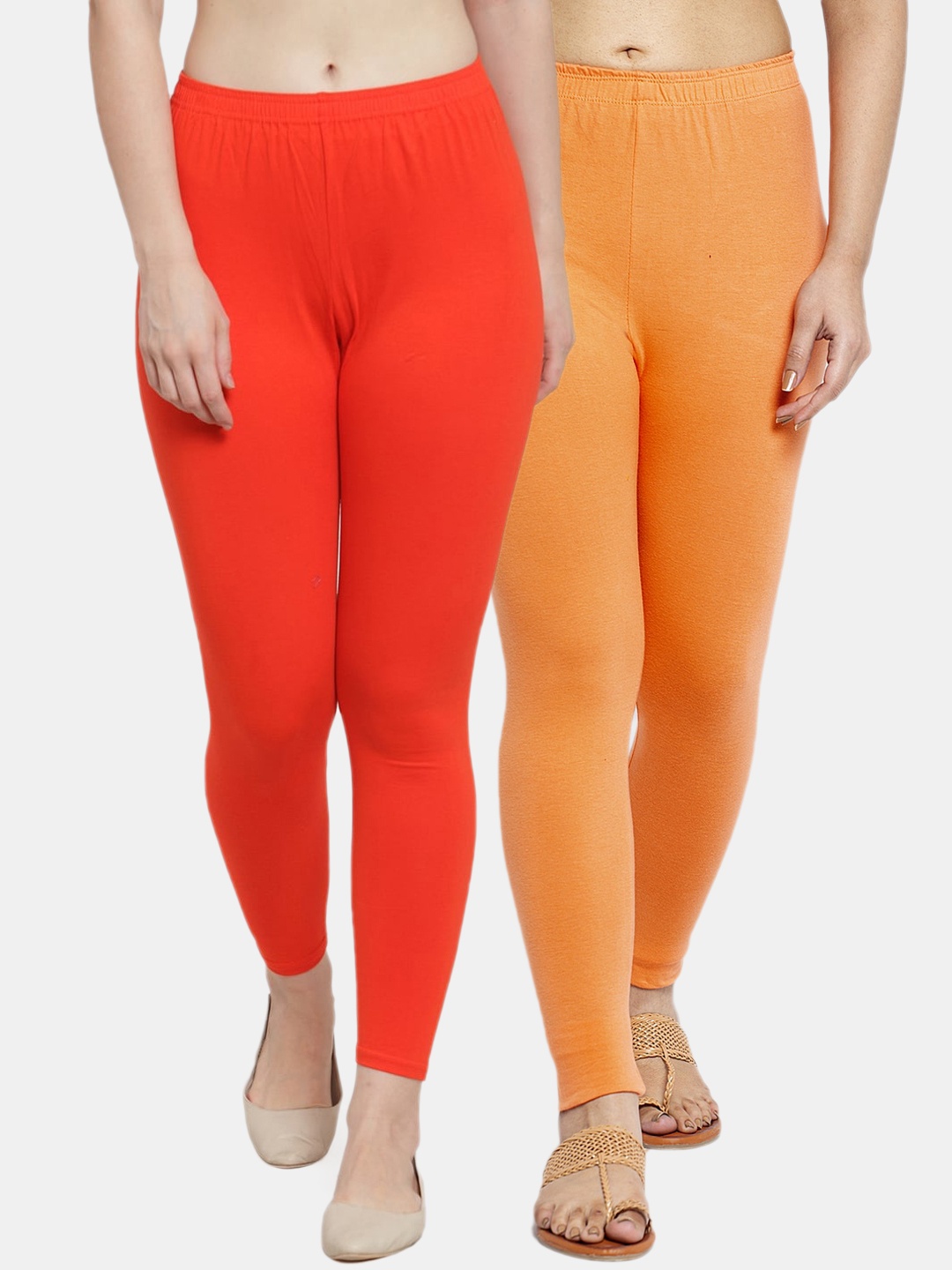 

Jinfo Women Pack Of 2 Solid Ankle-Length Leggings, Orange