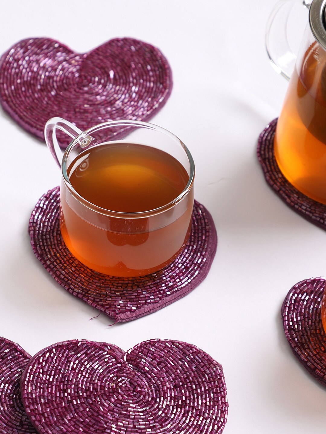 

Jamio Firati Set Of 6 Heart Shape Beads Handwork Cotton Coasters, Purple
